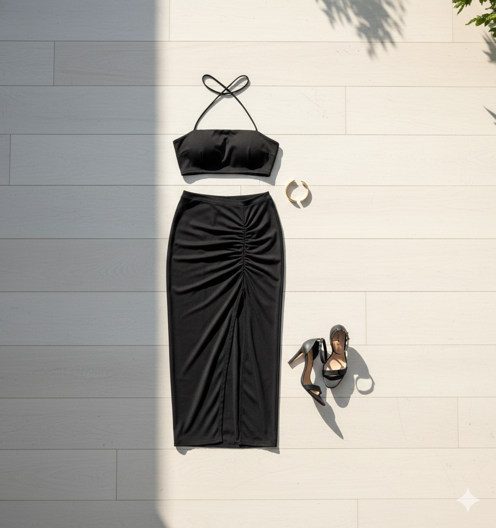 Black Ruched High-Slit Skirt Co-Ord Set