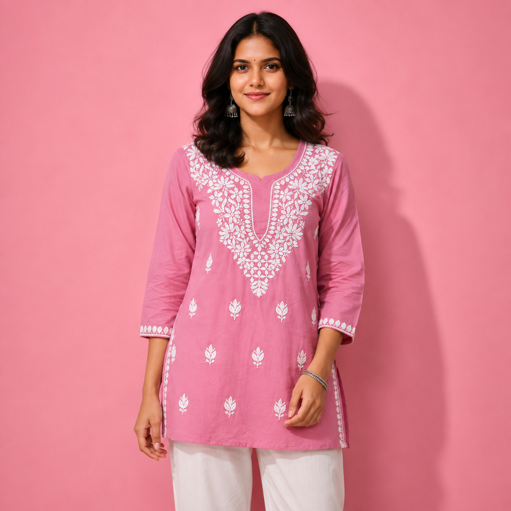 Pink Floral Embroidered Straight Kurta