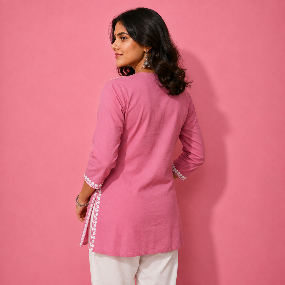 Pink Floral Embroidered Straight Kurta