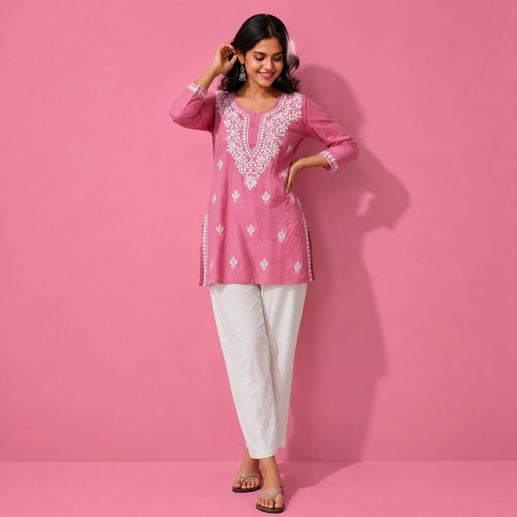Pink Floral Embroidered Straight Kurta