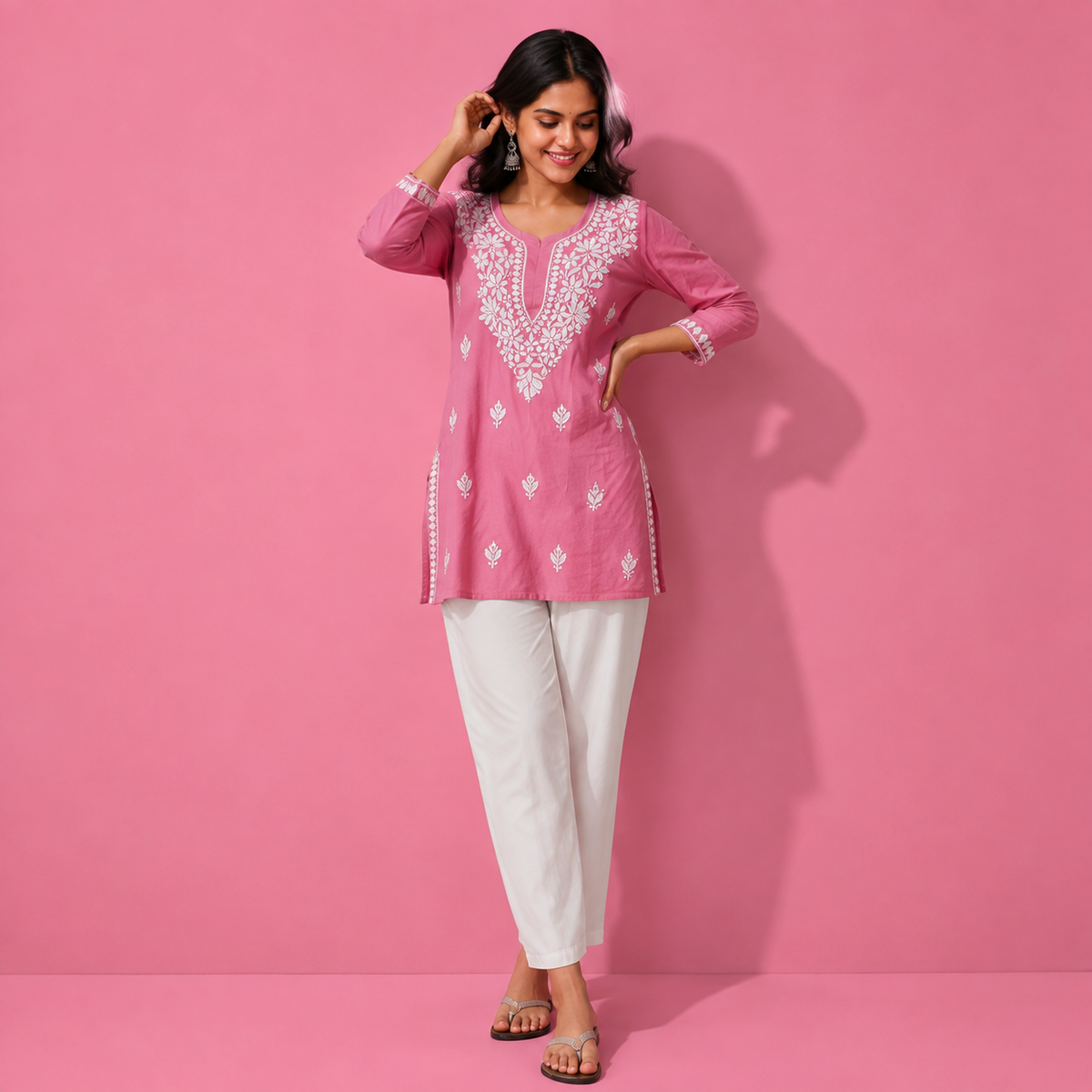 Pink Floral Embroidered Straight Kurta