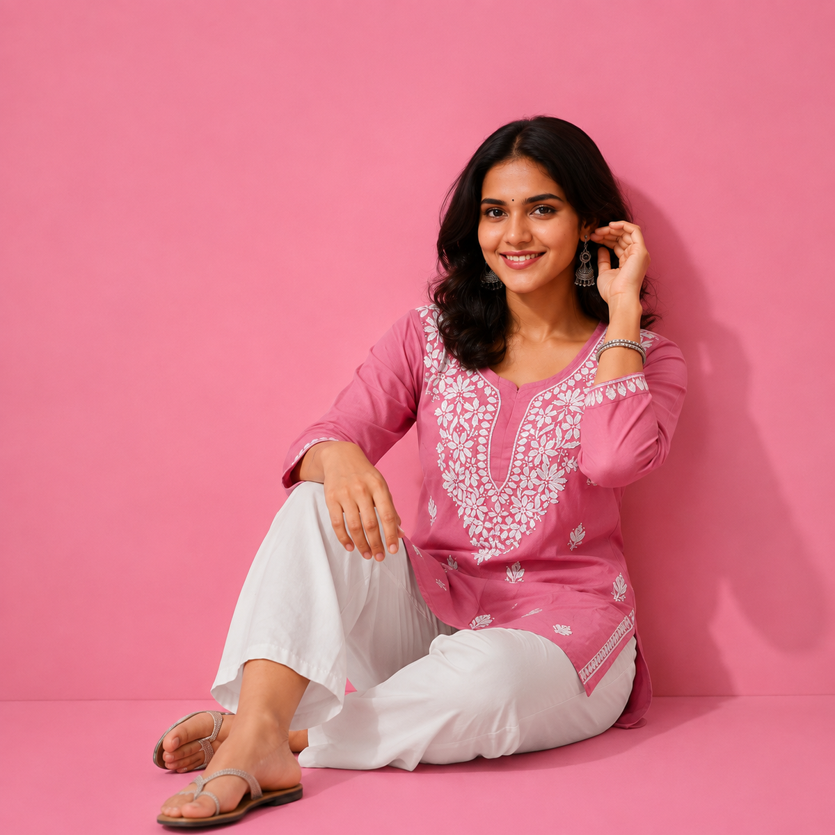 Pink Floral Embroidered Straight Kurta