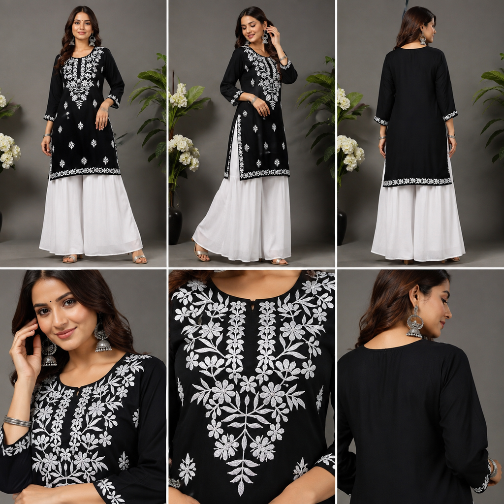 Women’s Black Embroidered Straight Kurti – White Floral Threadwork