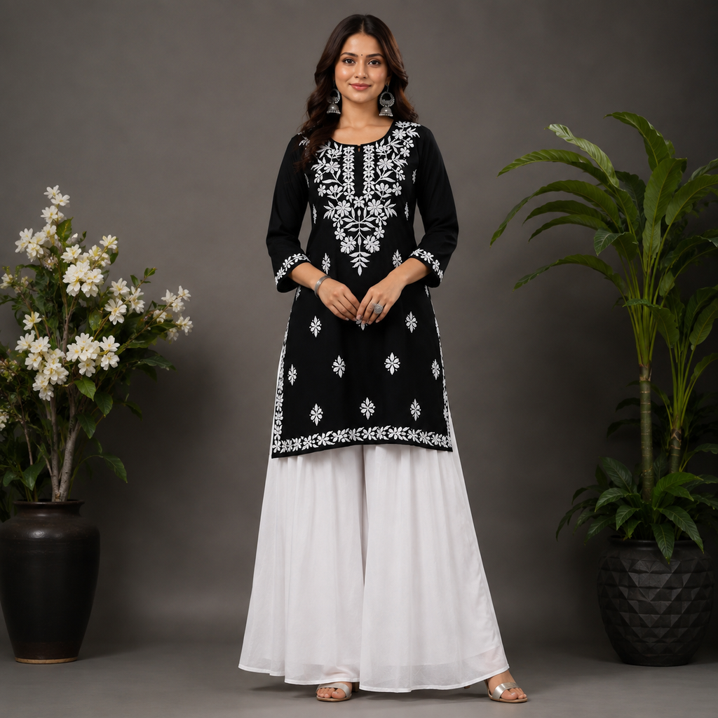 Women’s Black Embroidered Straight Kurti – White Floral Threadwork