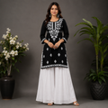 Women’s Black Embroidered Straight Kurti – White Floral Threadwork
