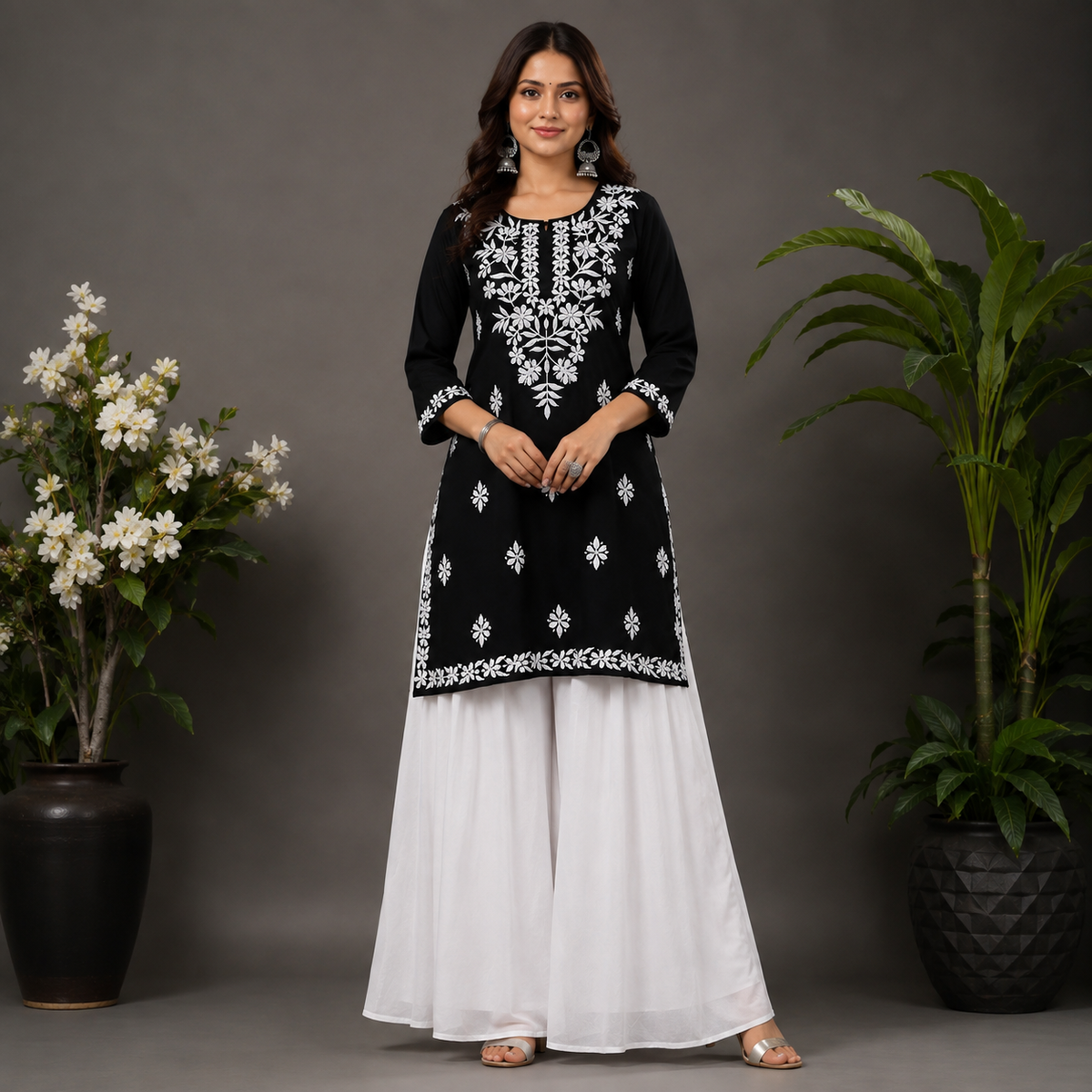 Women’s Black Embroidered Straight Kurti – White Floral Threadwork