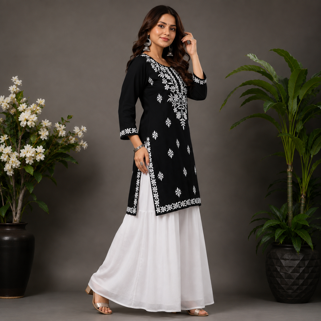 Women’s Black Embroidered Straight Kurti – White Floral Threadwork