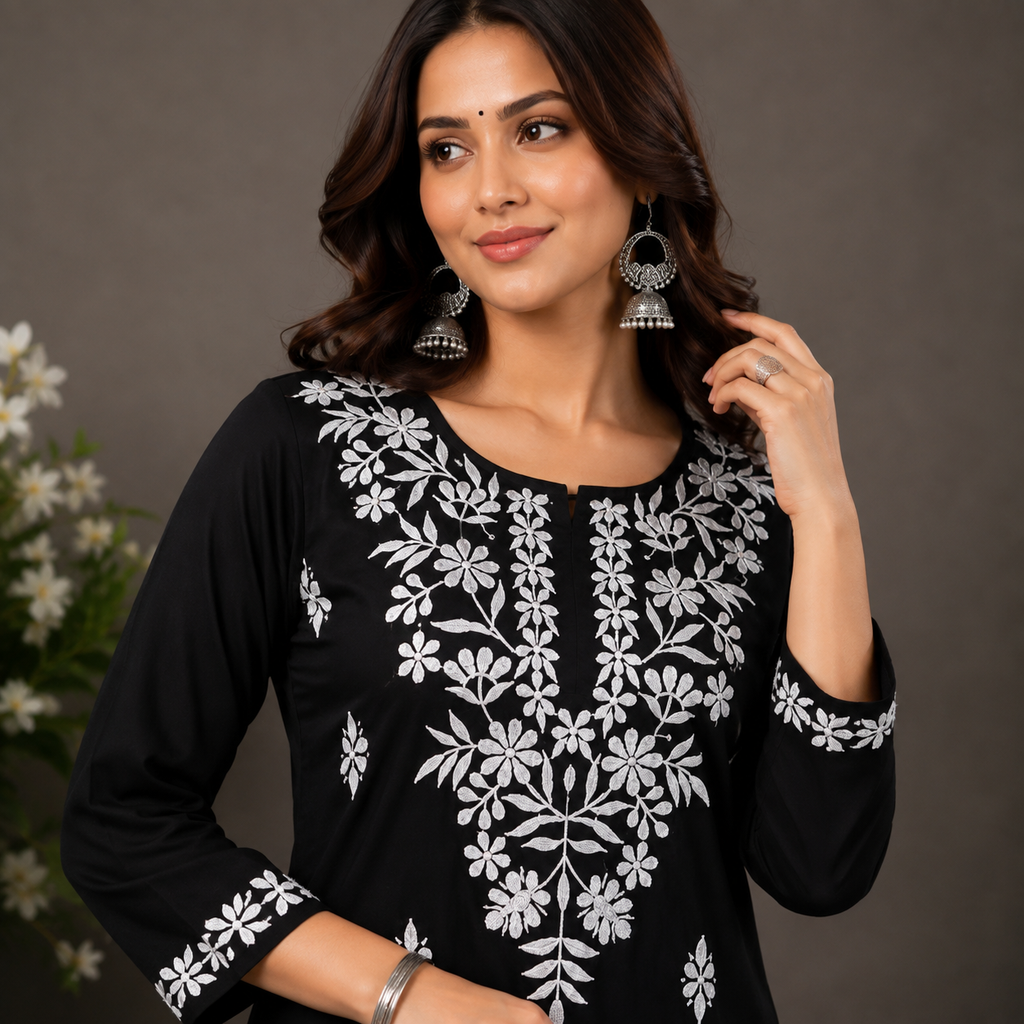 Women’s Black Embroidered Straight Kurti – White Floral Threadwork