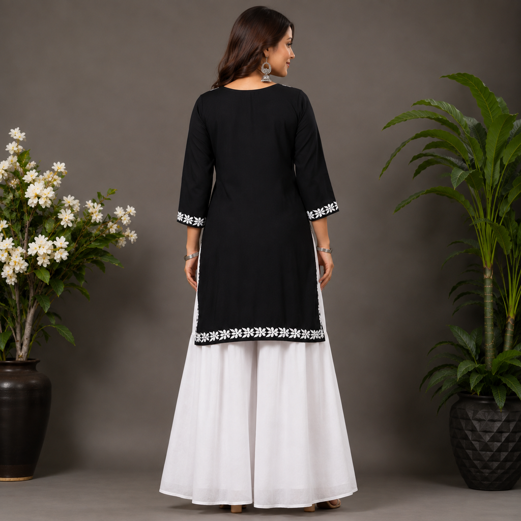 Women’s Black Embroidered Straight Kurti – White Floral Threadwork