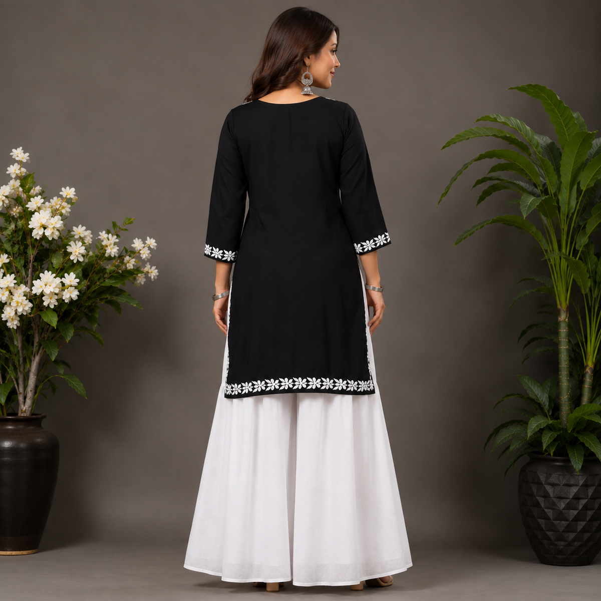 Women’s Black Embroidered Straight Kurti – White Floral Threadwork