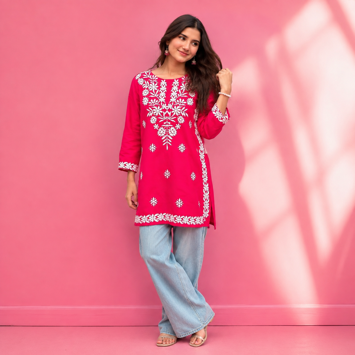 Women’s Black Embroidered Straight Kurti – White Floral Threadwork