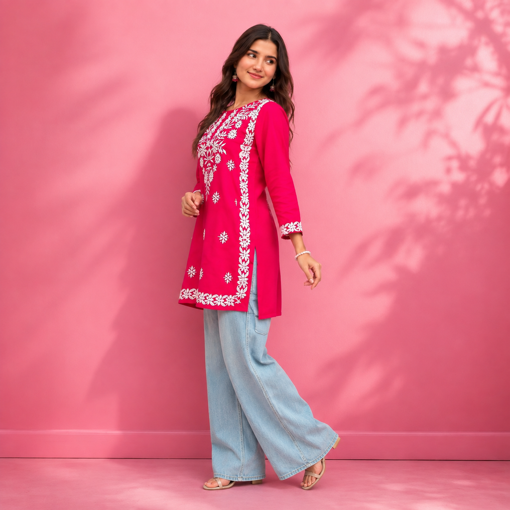 Women’s Black Embroidered Straight Kurti – White Floral Threadwork