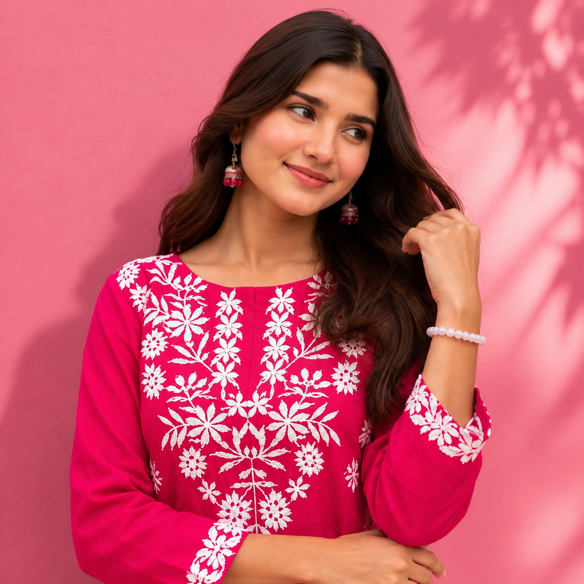 Women’s Black Embroidered Straight Kurti – White Floral Threadwork