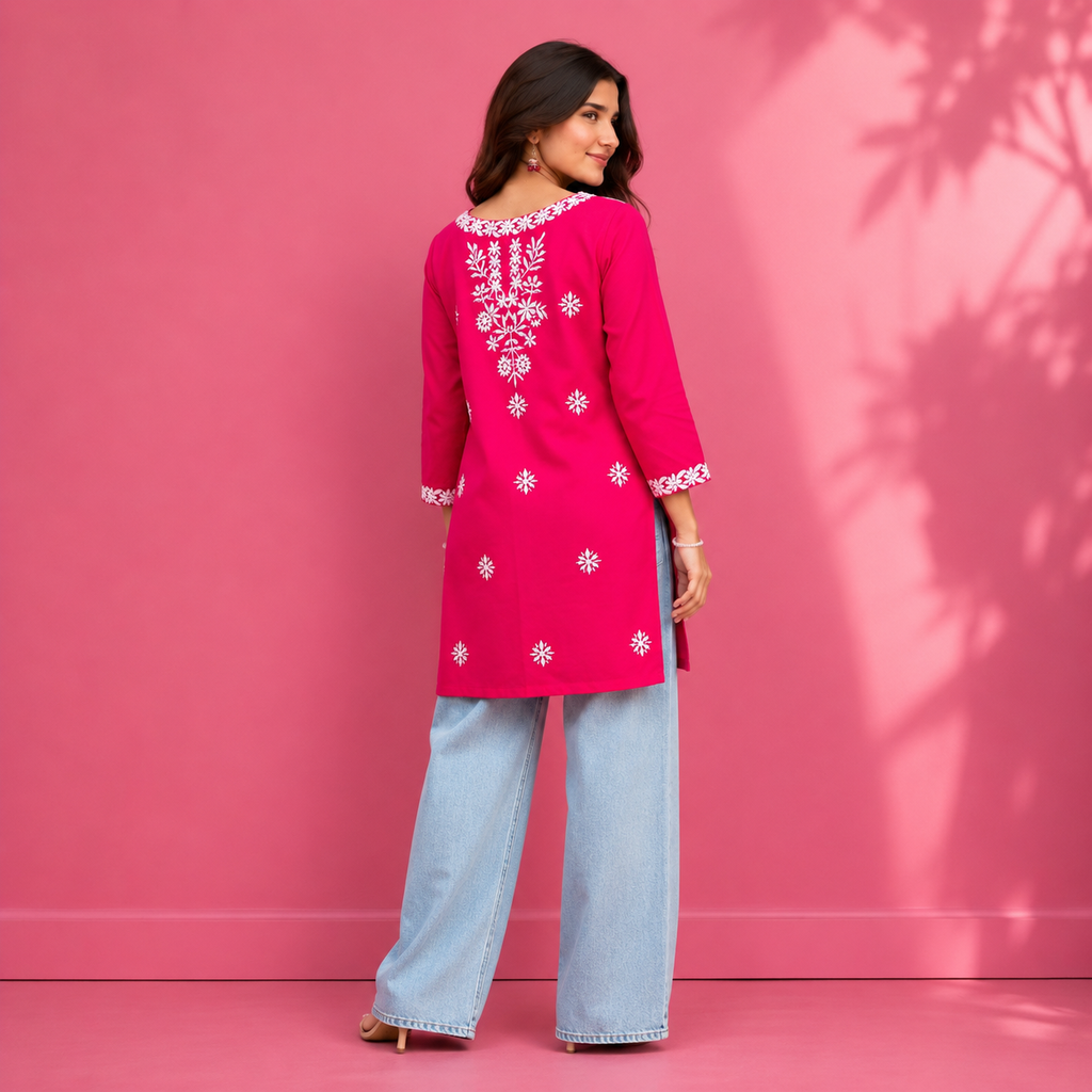 Women’s Black Embroidered Straight Kurti – White Floral Threadwork