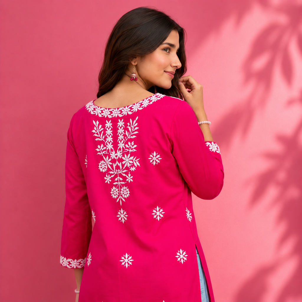 Women’s Black Embroidered Straight Kurti – White Floral Threadwork