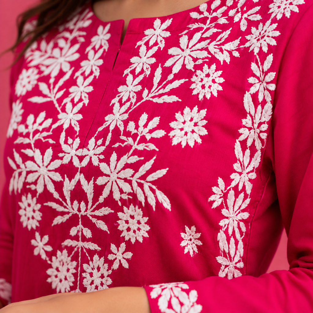 Women’s Black Embroidered Straight Kurti – White Floral Threadwork