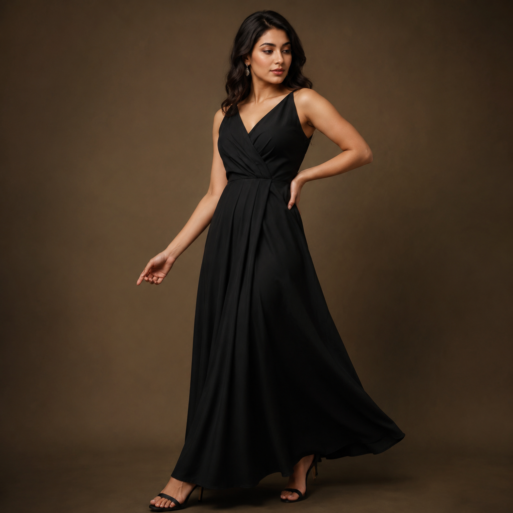 Women’s Black Wrap-Front Maxi Dress with Side Slit