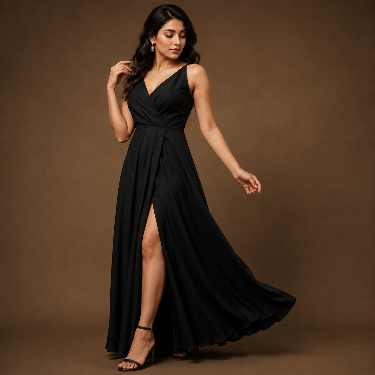 Women’s Black Wrap-Front Maxi Dress with Side Slit
