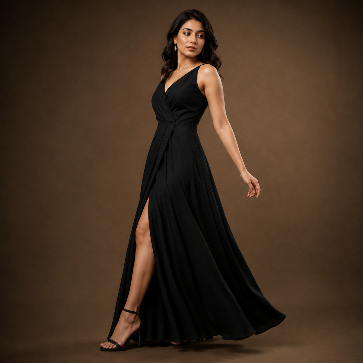 Women’s Black Wrap-Front Maxi Dress with Side Slit