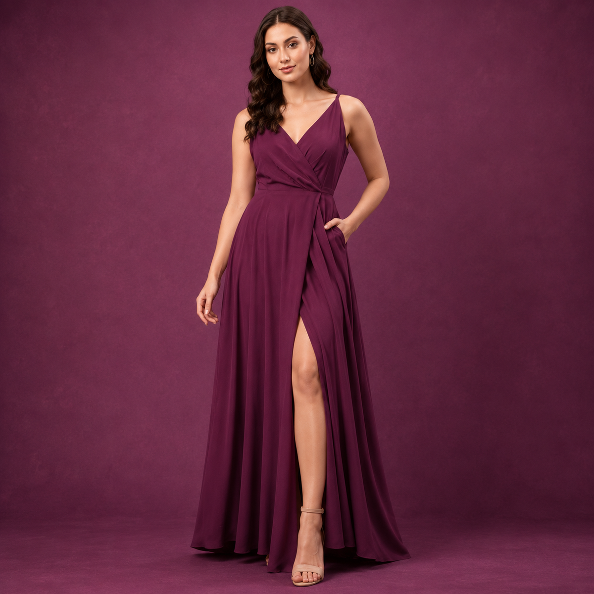 Women’s Black Wrap-Front Maxi Dress with Side Slit