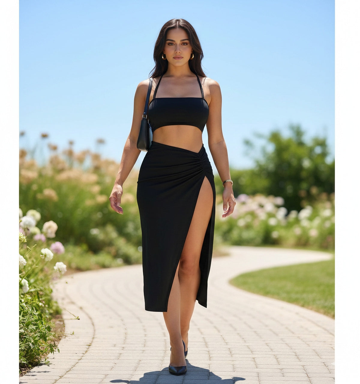Black Ruched High-Slit Skirt Co-Ord Set
