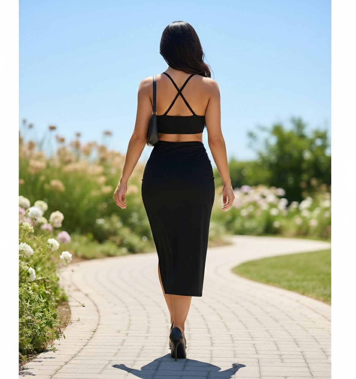 Black Ruched High-Slit Skirt Co-Ord Set