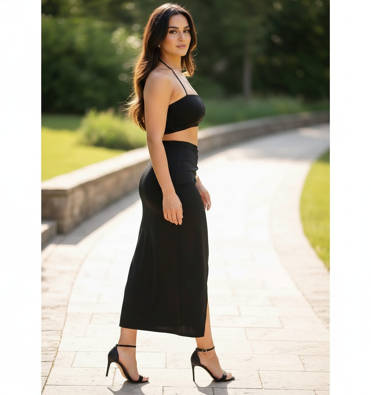 Black Ruched High-Slit Skirt Co-Ord Set