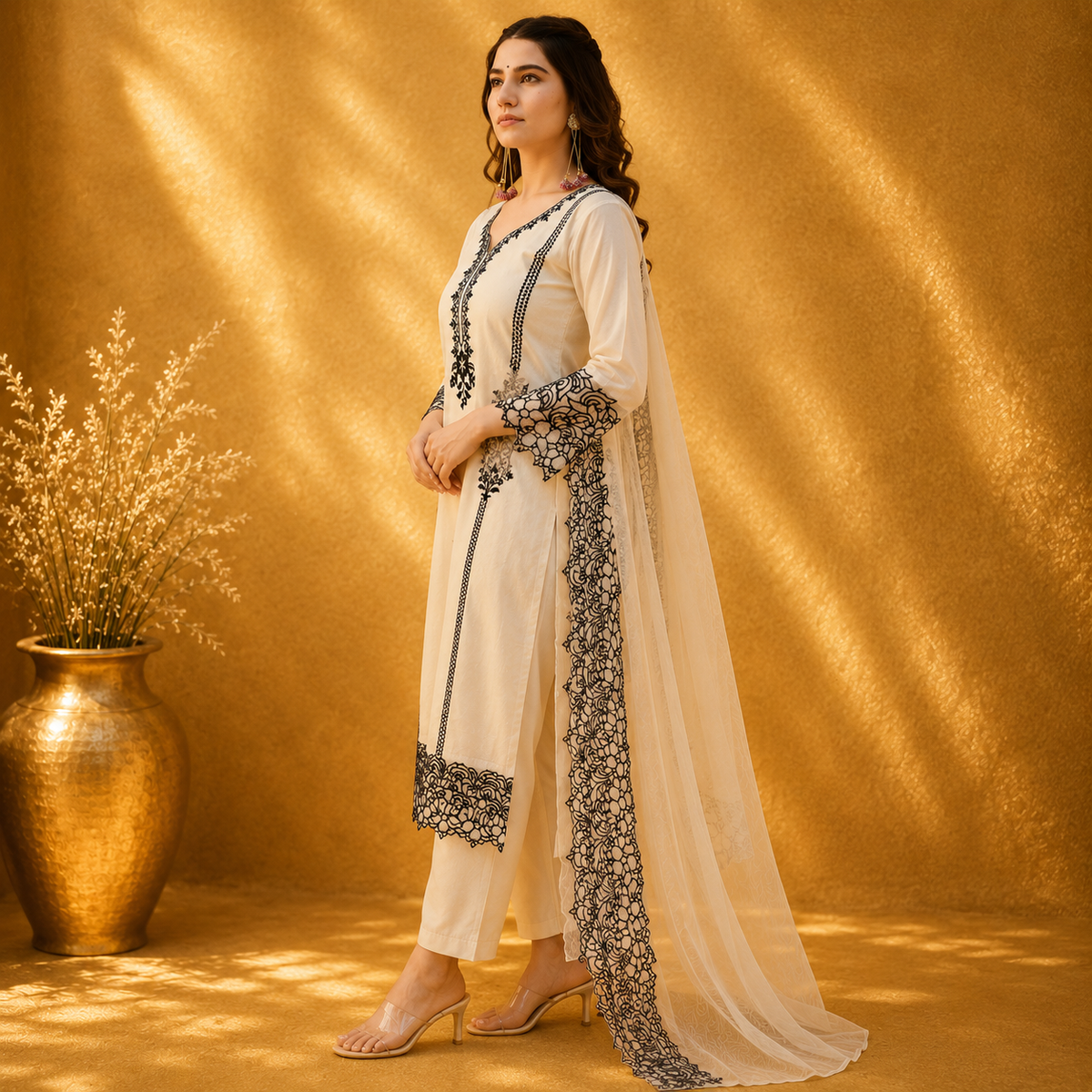 Nooré Black Embroidered Kurta Set with Dupatta