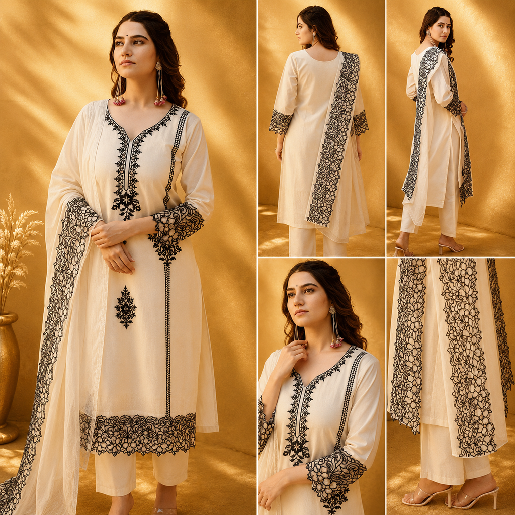 Nooré Black Embroidered Kurta Set with Dupatta