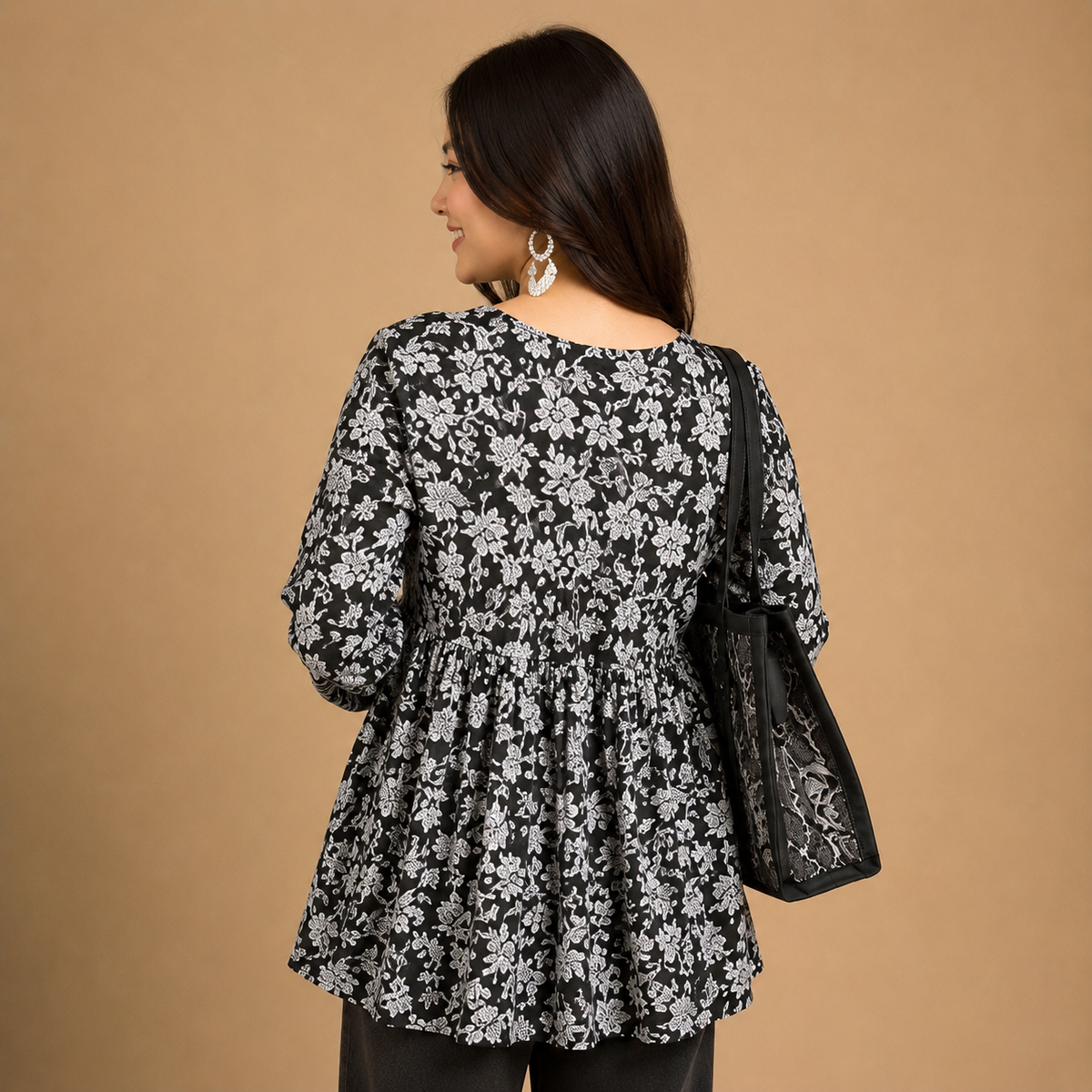 Women's Black Floral Peplum Tunic Top