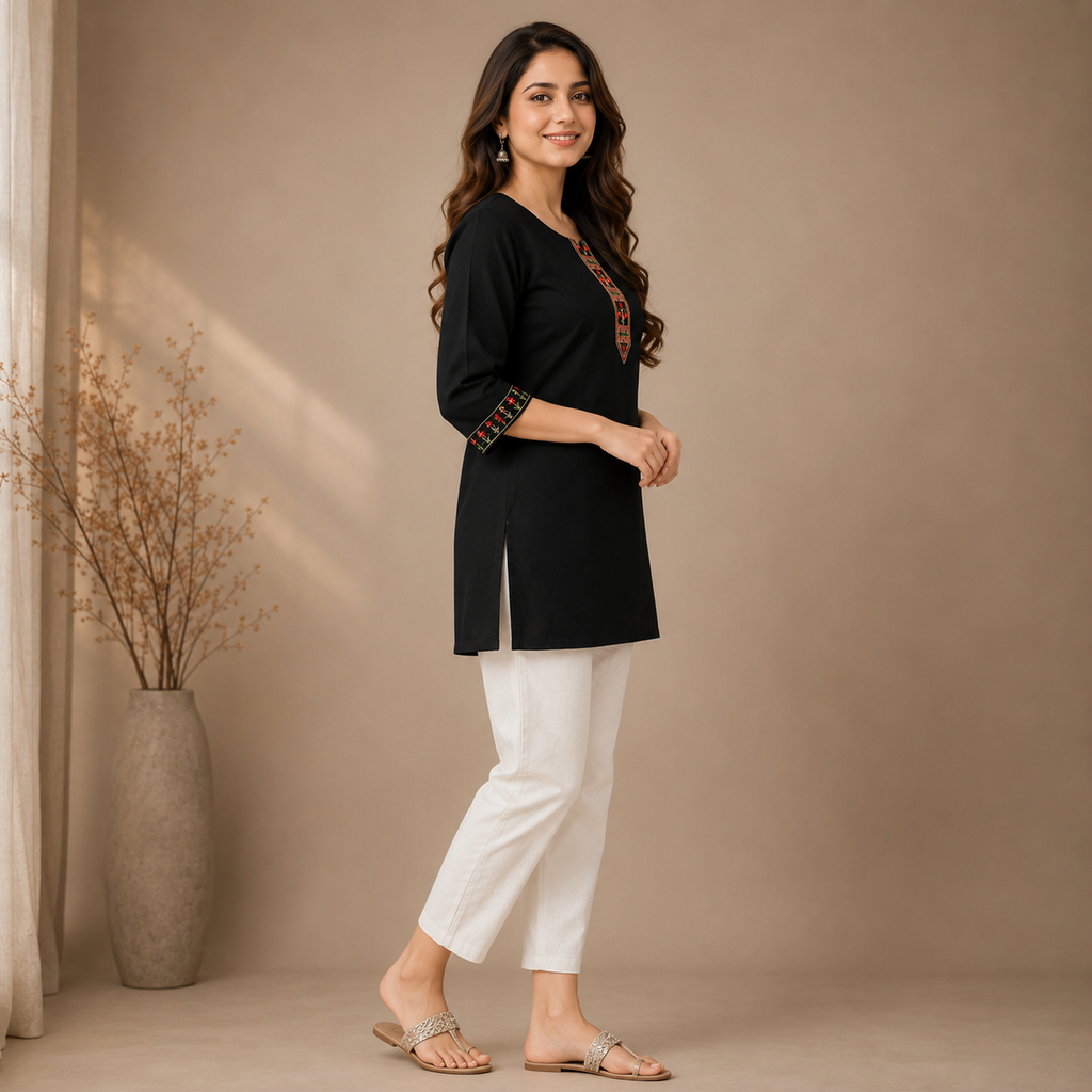 Women's Black Embroidered Straight Kurti | 3/4 Sleeve Round Neck Casual Ethnic Top