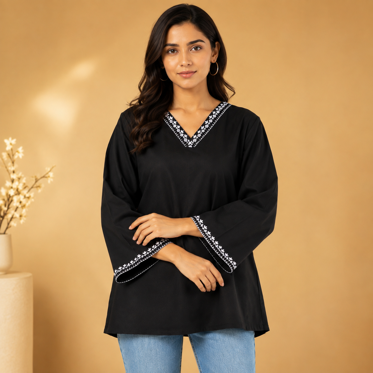 Women’s Black V-Neck Embroidered Tunic Top | 3/4 Sleeve Casual Kurti