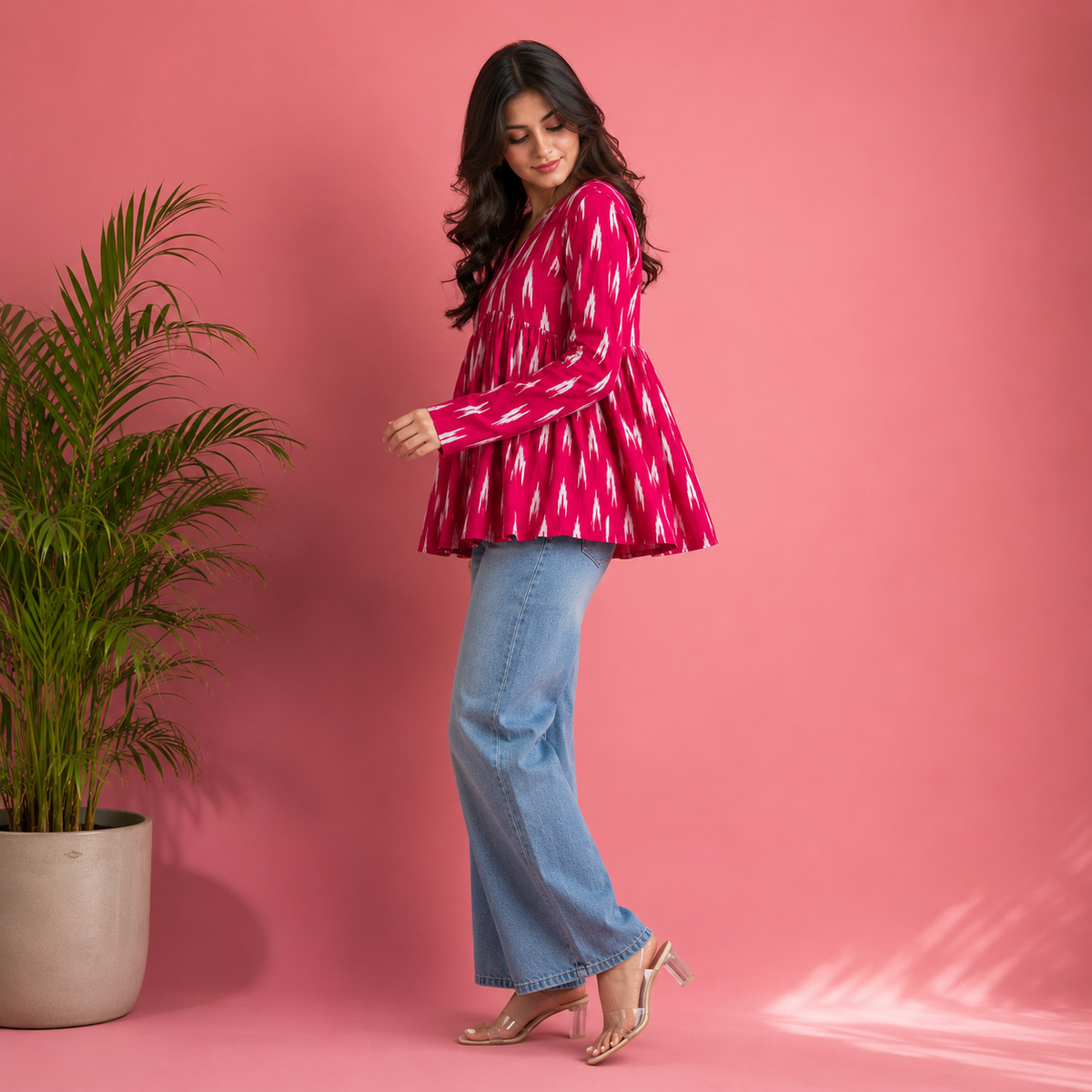 Women's Pink Ikat Print V-Neck Peplum Top | Long Sleeve Casual Flared Tunic