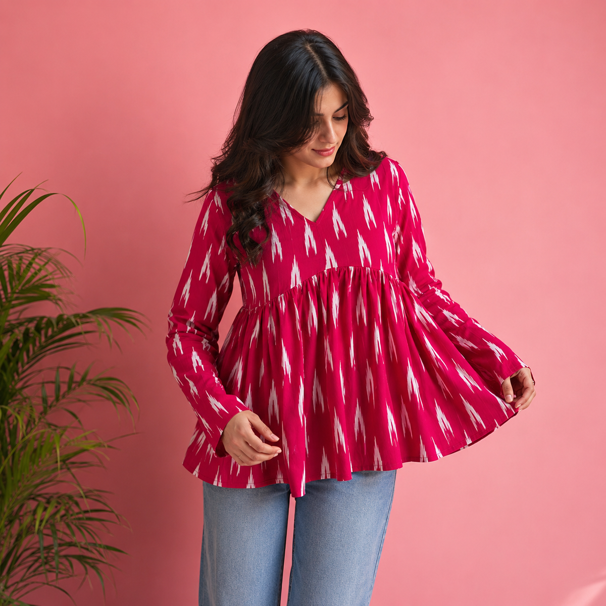 Women's Pink Ikat Print V-Neck Peplum Top | Long Sleeve Casual Flared Tunic