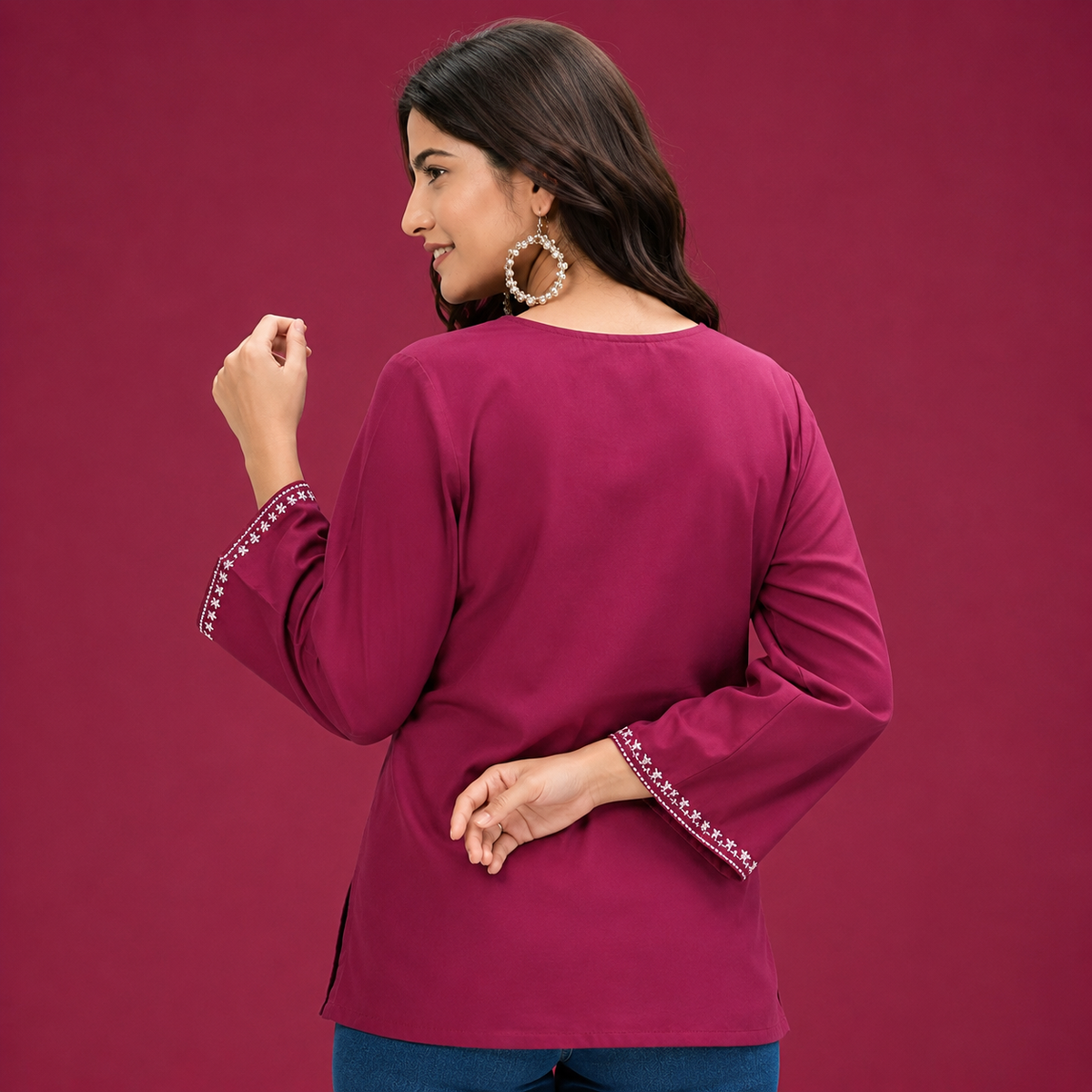 Women’s Black V-Neck Embroidered Tunic Top | 3/4 Sleeve Casual Kurti