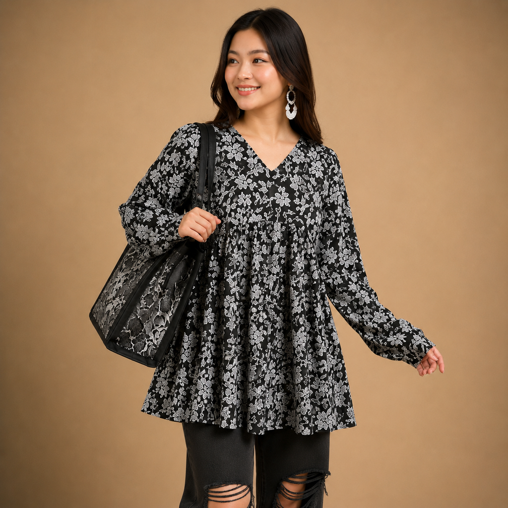 Women's Black Floral Peplum Tunic Top