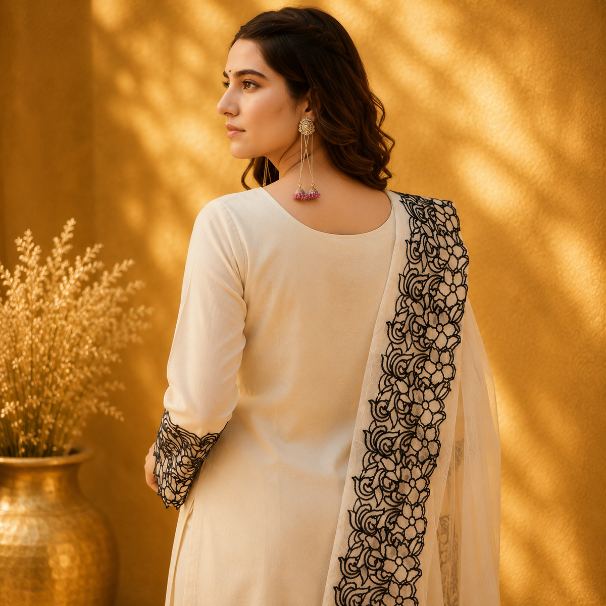 Nooré Black Embroidered Kurta Set with Dupatta