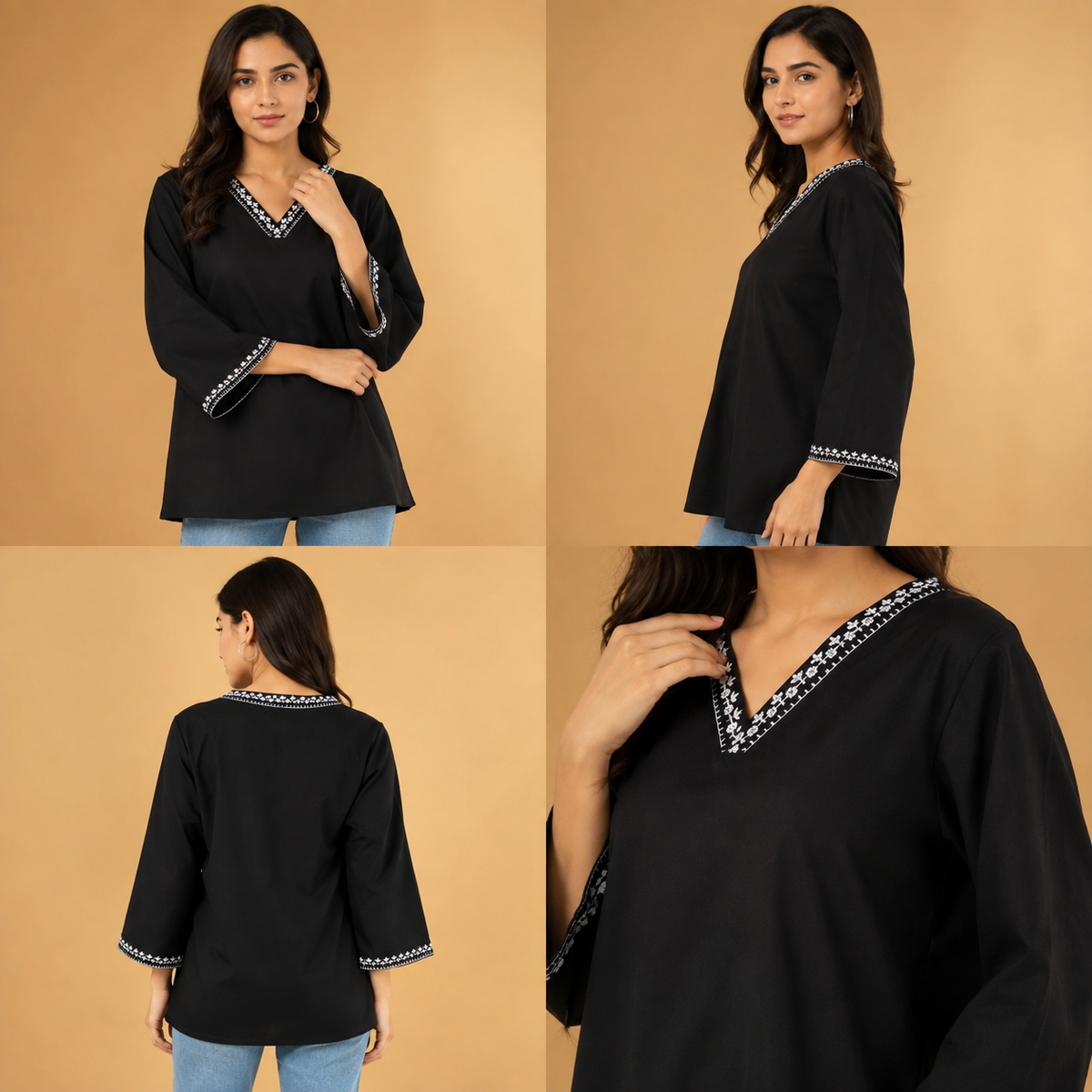 Women’s Black V-Neck Embroidered Tunic Top | 3/4 Sleeve Casual Kurti