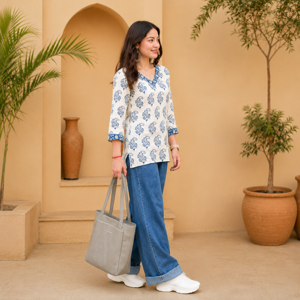 Women's Off White & Blue Ethnic Printed Cotton Kurti | V-Neck 3/4 Sleeve Straight Fit Casual Kurta