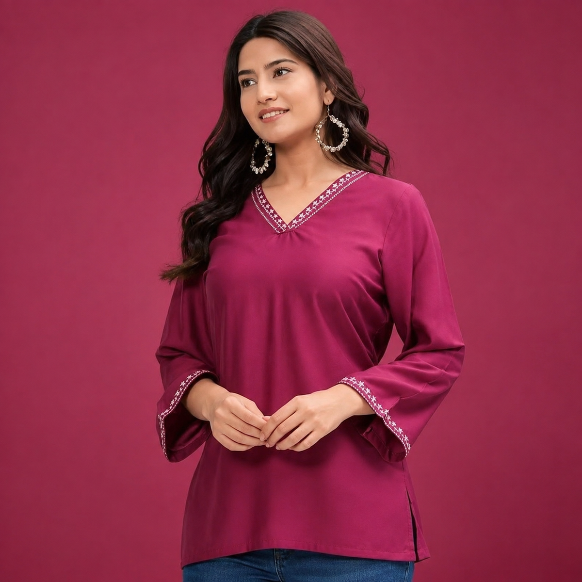 Women’s Black V-Neck Embroidered Tunic Top | 3/4 Sleeve Casual Kurti