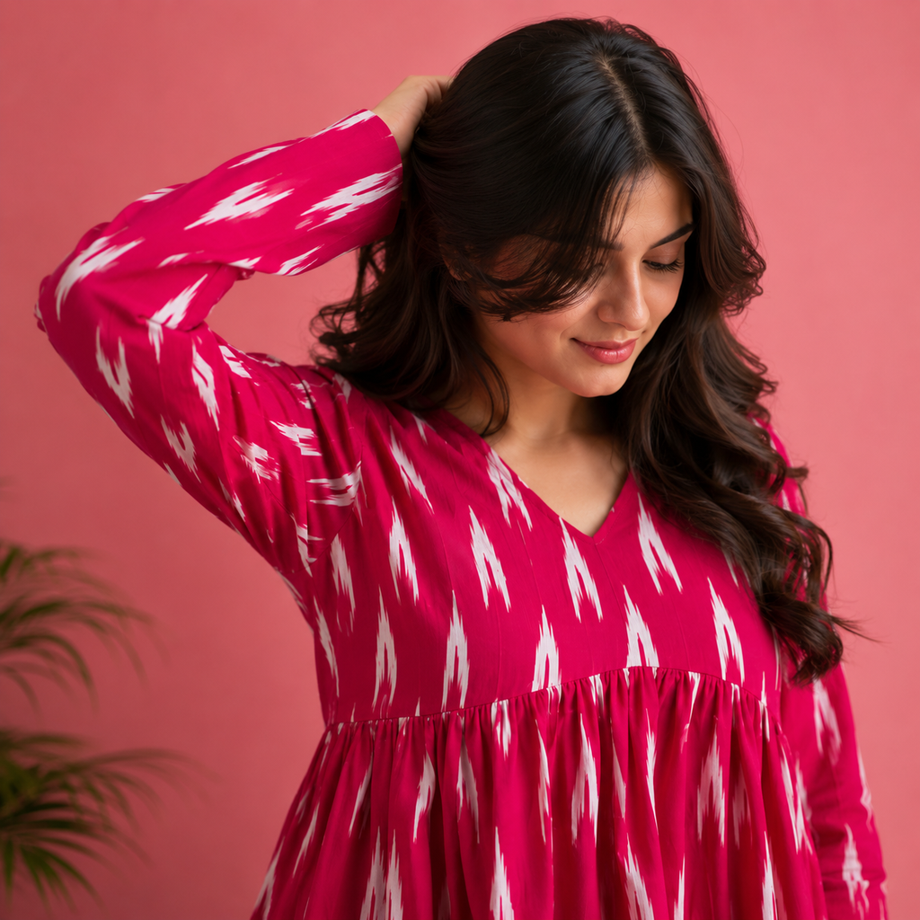 Women's Pink Ikat Print V-Neck Peplum Top | Long Sleeve Casual Flared Tunic