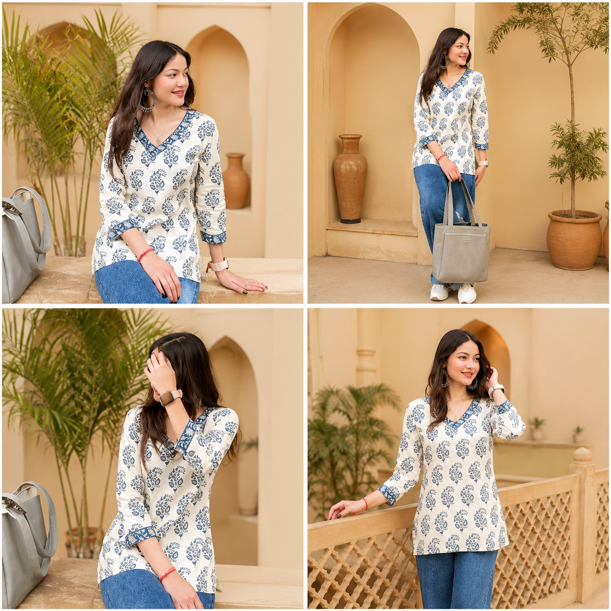 Women's Off White & Blue Ethnic Printed Cotton Kurti | V-Neck 3/4 Sleeve Straight Fit Casual Kurta