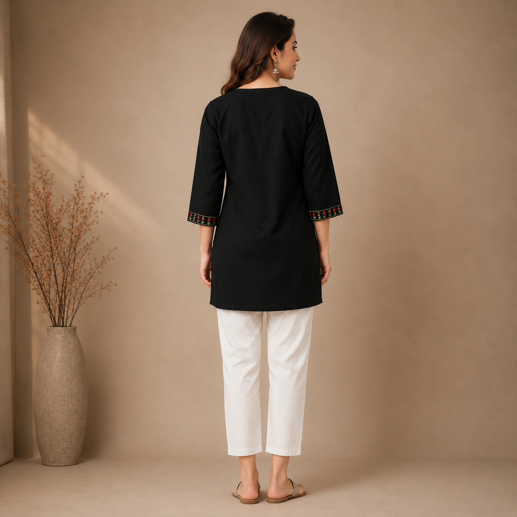 Women's Black Embroidered Straight Kurti | 3/4 Sleeve Round Neck Casual Ethnic Top