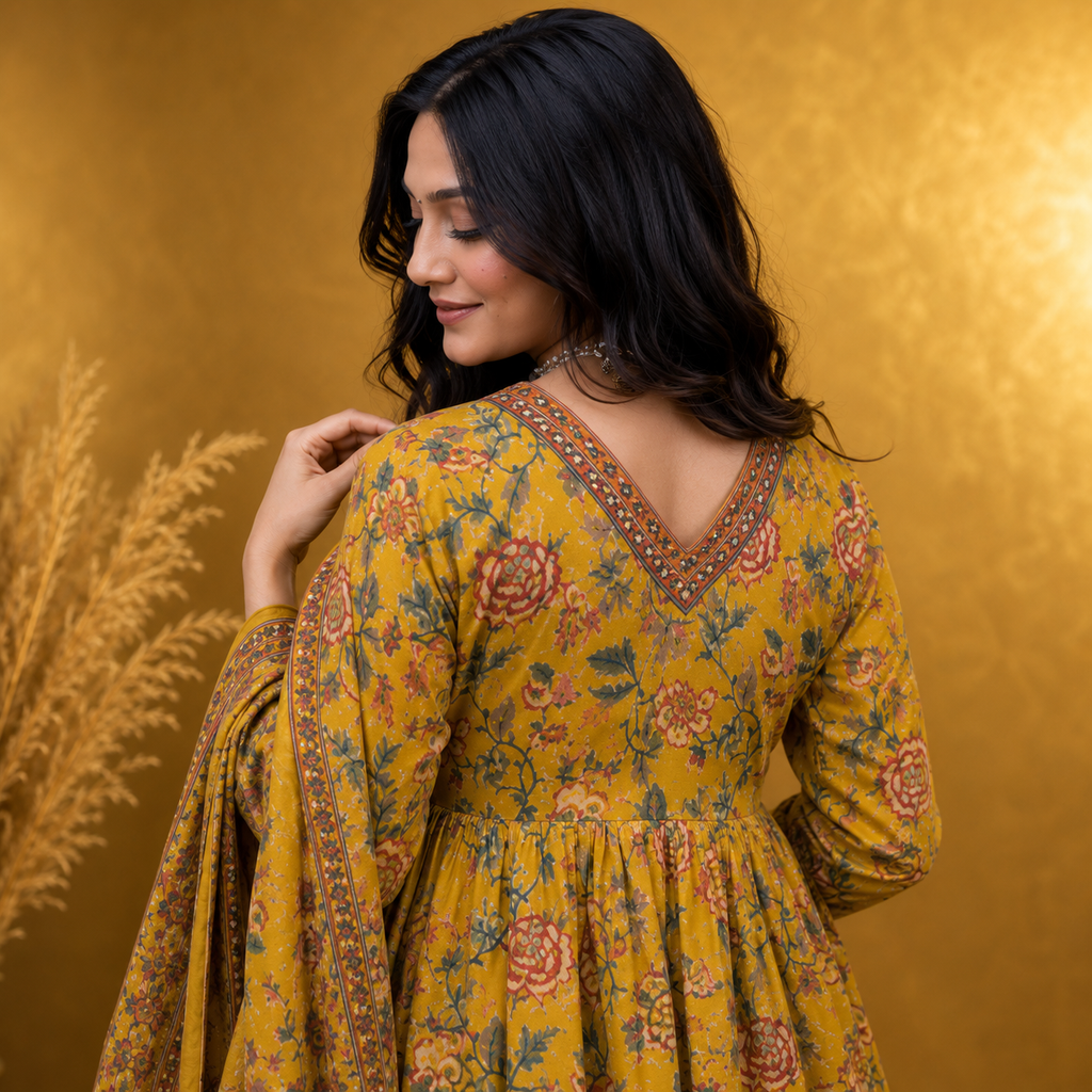 Meher Mustard Floral Anarkali Kurta Set