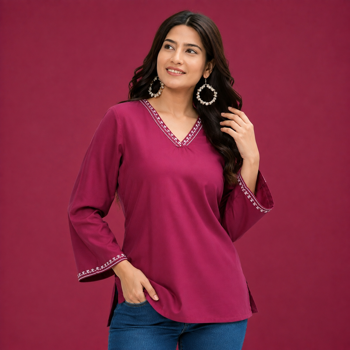 Women’s Black V-Neck Embroidered Tunic Top | 3/4 Sleeve Casual Kurti