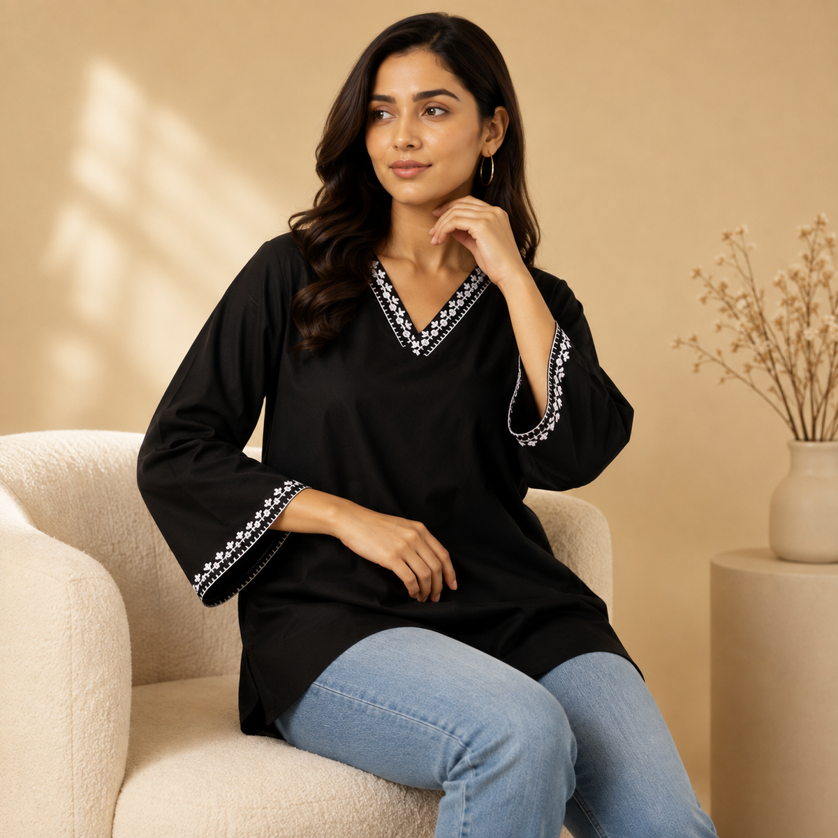Women’s Black V-Neck Embroidered Tunic Top | 3/4 Sleeve Casual Kurti