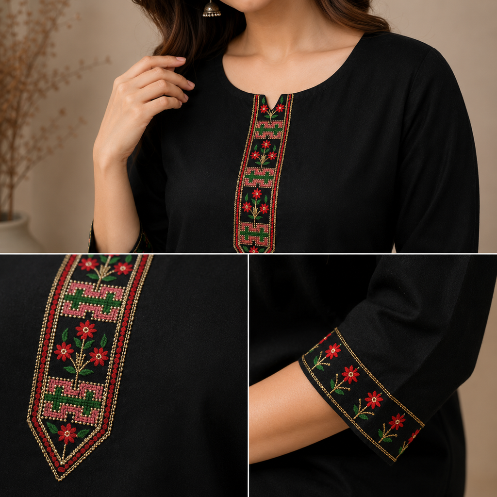 Women's Black Embroidered Straight Kurti | 3/4 Sleeve Round Neck Casual Ethnic Top