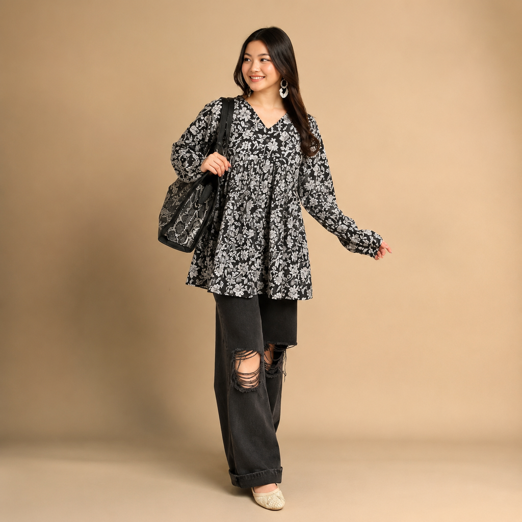 Women's Black Floral Peplum Tunic Top