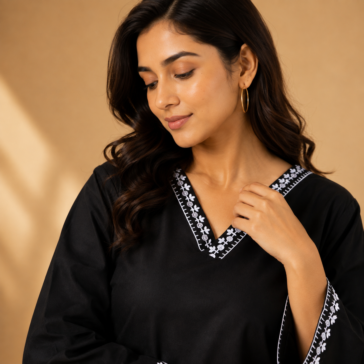 Women’s Black V-Neck Embroidered Tunic Top | 3/4 Sleeve Casual Kurti