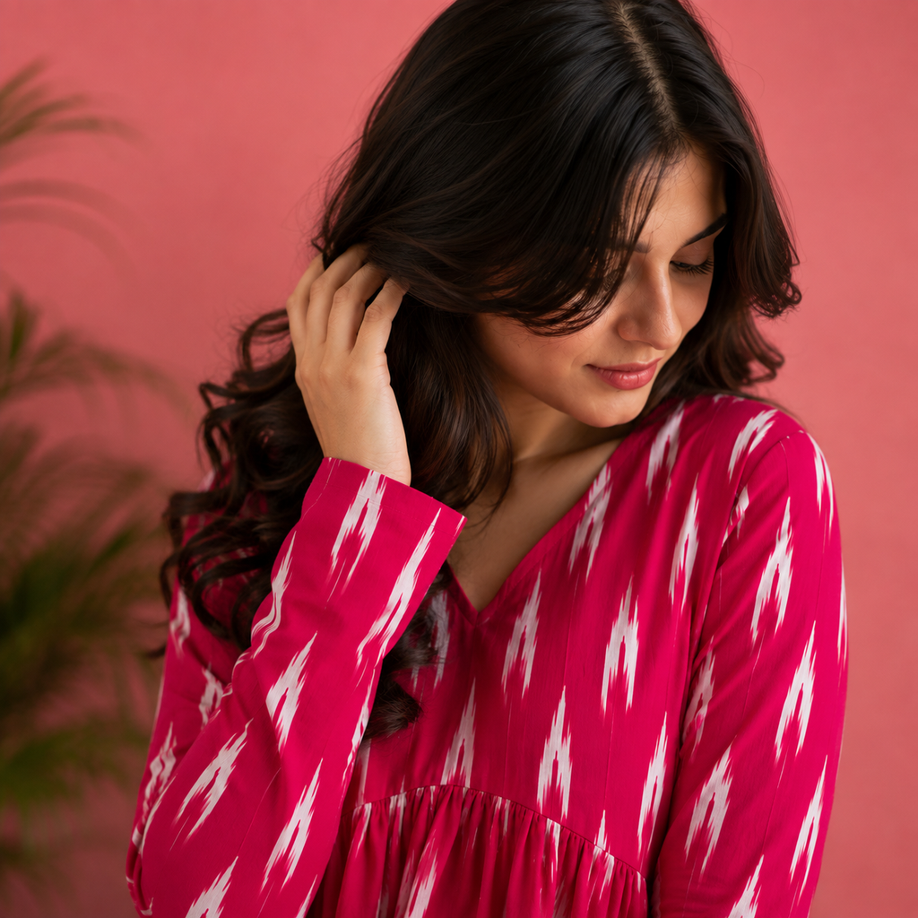 Women's Pink Ikat Print V-Neck Peplum Top | Long Sleeve Casual Flared Tunic